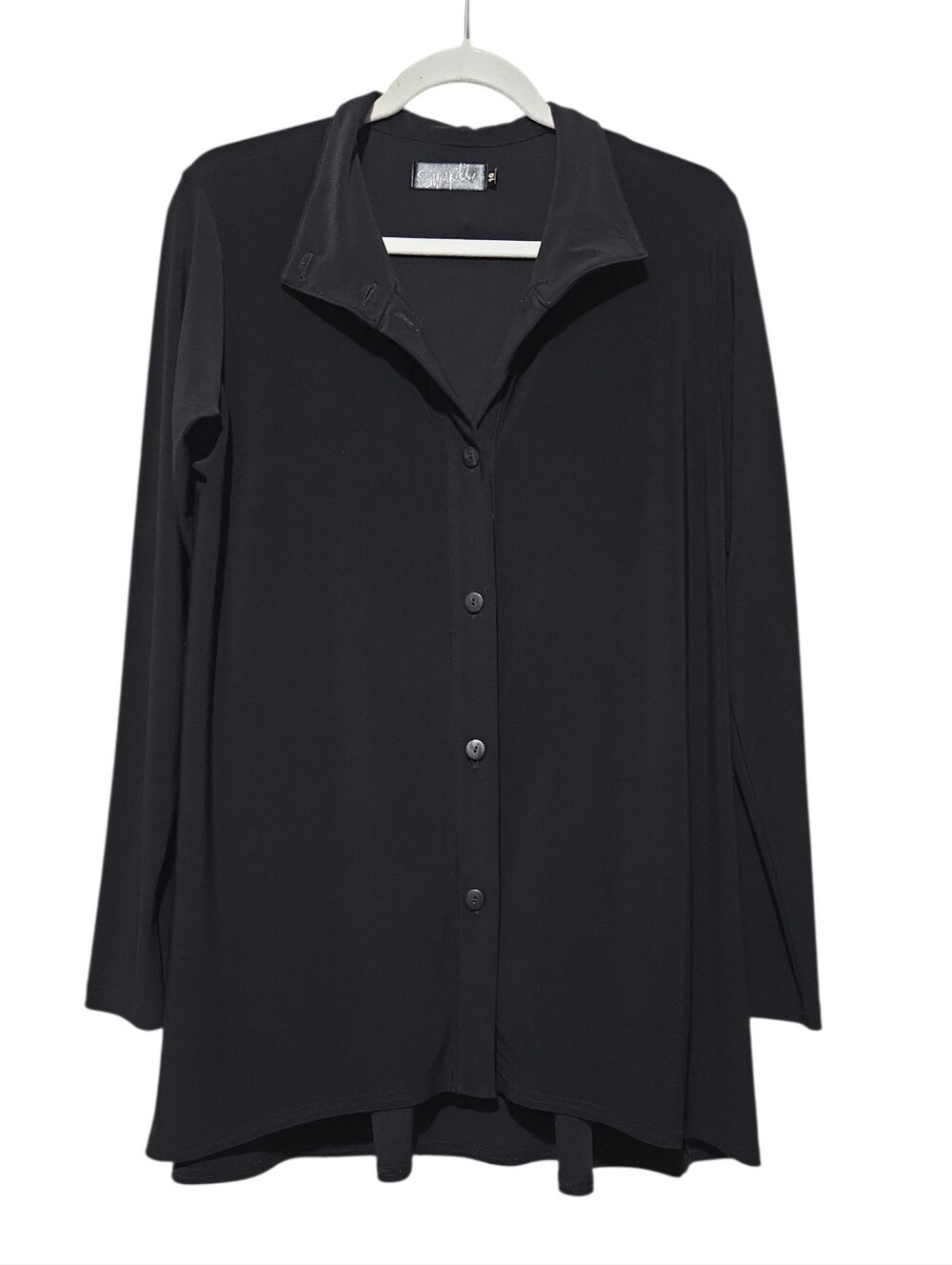 Sympli The Best Black Matte Jersey Button Down Long Sleeve Tunic Jacket Shacket